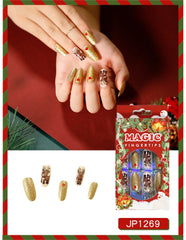 Almond Flesh Color Cartoon Fake Nails Women Christmas Party Hand Decorate Star Heart Deer Press on False Nails Z1349