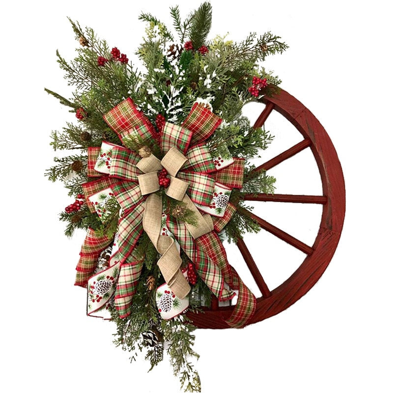 Farmhouse Wagon Wheels Wreath Christmas Winter Door Hanging Home Outdoor Decoration New Year Gift Christmas Decoration 2023