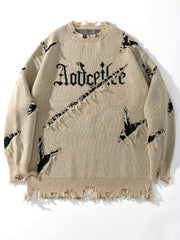 Hearujoy Men's Oversized Distressed Knit Sweater with Embroidered Letters - Gray Casual Streetwear for Fall/Winter, Loose Fit, Long Sleeve, Polyester Blend, Fall Winter Apparel|Distressed Sweater|Decorative Patches
