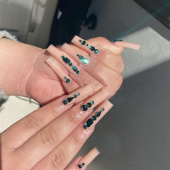 New Spring with Rhinestone Fake Nails Detachable Extra Long Coffin Flower French Ballerina False Nails Full Cover Nail Tips 24pc