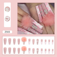 YICKYUE  -  Pink Leopard Print Handmade Press on Nails Cotton Candy Ball Glass Rhinestone Heart-Shaped Decoration French Cute Nail Art