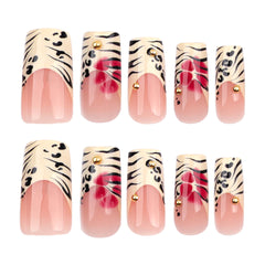 YICKYUE  -  24pcs Autumn Leopard print False Nails French Ballet Fake Nail Tips Wearable Full Cover Red Flower Spice Girls Press on Nails