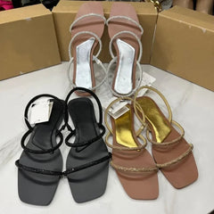 YICKYUE  -  Women's Flat Sandals Bling Crystal Diamond Strap Fashion Square Toe Summer Party Shoes Sexy Light Plus Size Sandalias Mujer