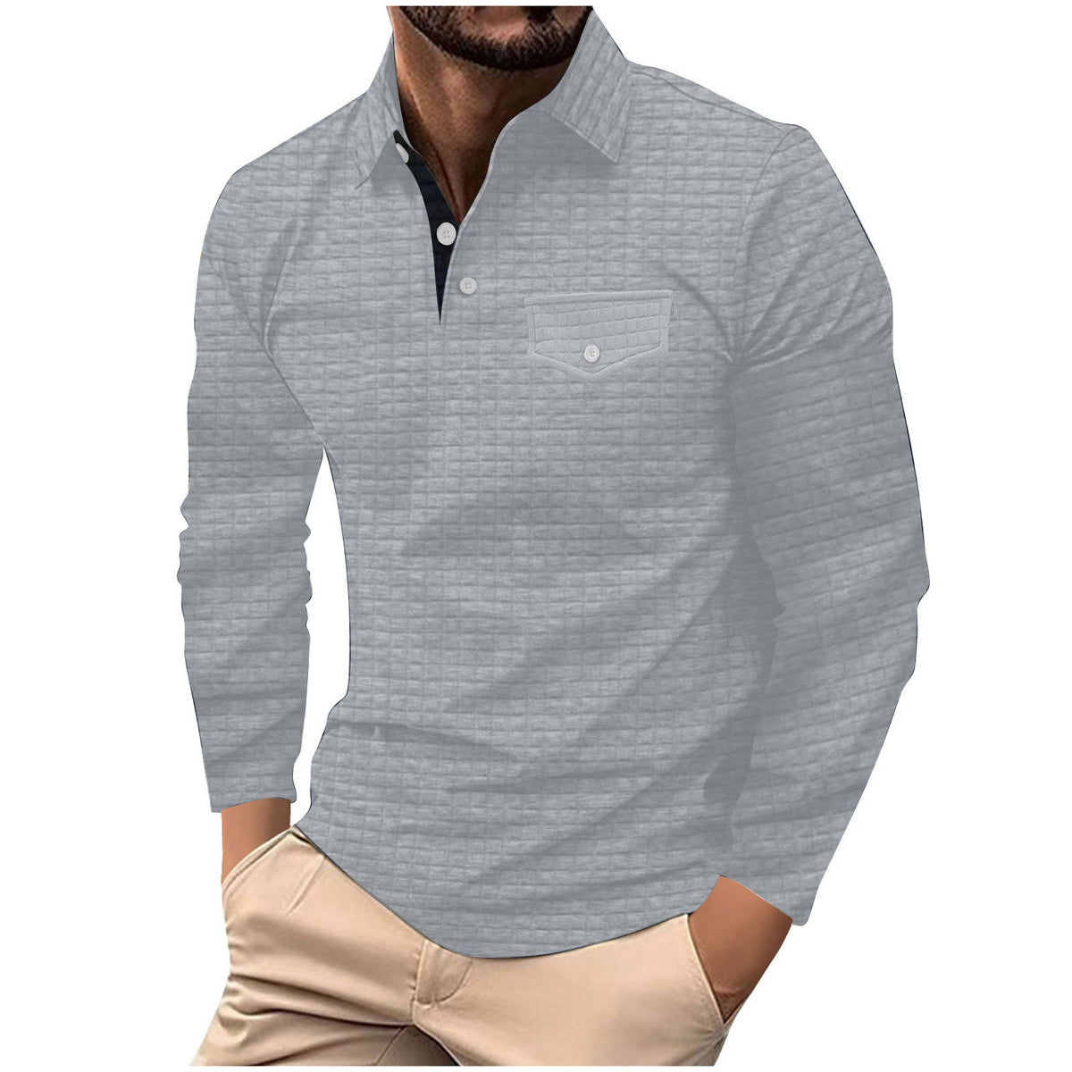 Hearujoy Spring Autumn Solid Color Grid Polo Shirt Men Long Sleeve Button Pocket Pullover Top Fashion Casual Sweatshirt Sport Tshirts