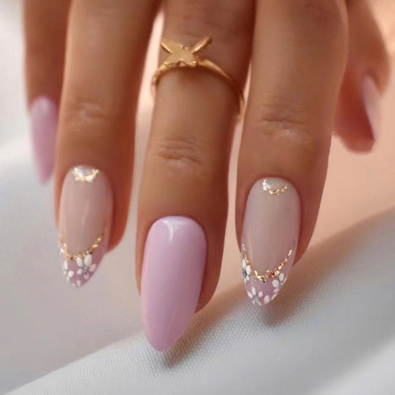 YICKYUE  -  Fantasy White Love Heart Star Rhinestone Butterfly Wearable Full Cover Pink Almond Shape Finished Fake False Nail Press on Nails
