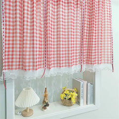 YICKYUE  -  Korean Romantic Red Plaid Ruffled Lace Short Sheer Curtain Red Ribbon Adjustable Lifting Curtain For Living Room Bedroom Kitchen