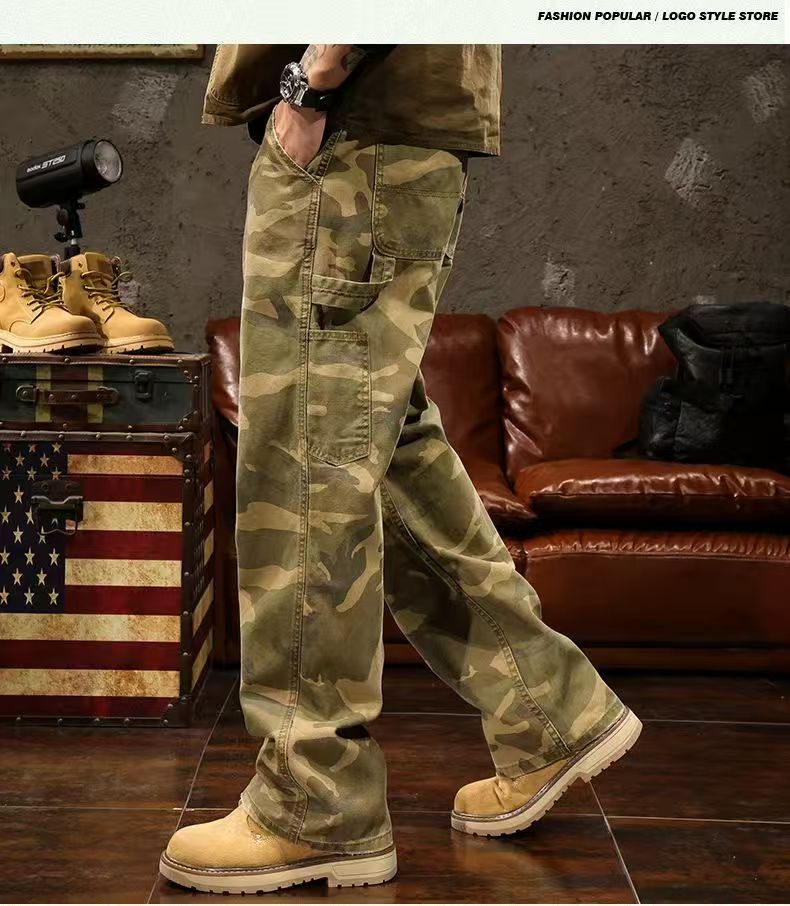Hearujoy Vintage Multi-pocket Camouflage Cargo Pants For Men High Street Y2k Loose Straight Trousers Spring Autumn Washed Denim Jeans