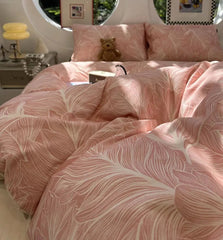 YICKYUE  -  Vintage french pastoral leaf pink bedding set,twin full queen king sand cotton home textile bed sheet pillow case quilt cover