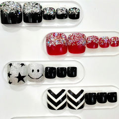 24Pcs Glitter Silver Artificial Fake Toe Nails Smile Star False Toenail  DIY Foot Nail Art Tips With Design Manicure Tools