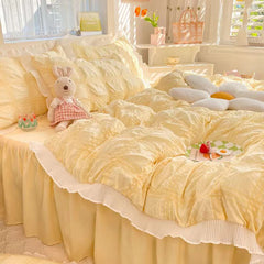 YICKYUE  -  Summer princess style super king size bedding set soft yellow quilt cover seersucker ice silk bed four-piece washable cotton