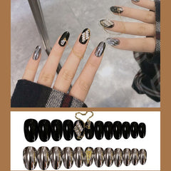 24pcs Removable Black Silver False Nails Punk Zircon Gold Plated Chain Nail Extension Shiny Detachable Girl Nail Art Decoration