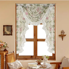 YICKYUE  -  American Flower Ruffled Lace Valance Curtain For Living Room Bedroom Romantic Pastoral Waterfall Short Tulle Drapes For Kitchen
