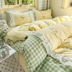 YICKYUE  -  Fresh Korean Floral Ruffled Bedding Set – 100% Cotton 4-Piece
