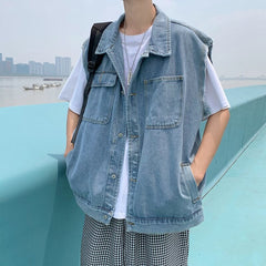 YICKYUE  -  Blue Denim Vest Men's Fashion Vintage Pocket Vest Men Japanese Streetwear Hip-hop Loose Sleeveless Jackets Mens Denim Jacket
