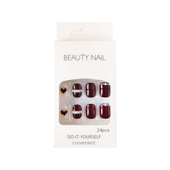 YICKYUE  -  24pcs Red Fake Nails Press on Rhinestone Heart Design Medium Artificial Nail Tip with Glue Full Cover Stick-on Nails Tips Art