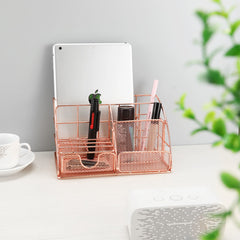 Yickyue New Rose Gold Desk Drawer Storage Box  Storage Magazine Rack with Pen Holder Handmade Metal File Office Organizer Paper Tray