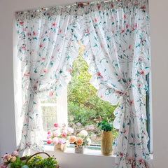 YICKYUE  -  Romance Retro White Plant Tulle Flounced Lace Printed Volie Sheer Window Curtains for Living Room Bedroom Kitchen Door Decor