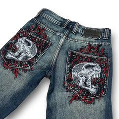Hearujoy  90s Streetwear Y2K Harajuku Gothic High Waist Wide Trousers  Hip Hop Skull Graphic Embroidery Blue Vintage Baggy Punk Style Jeans Mens Womens