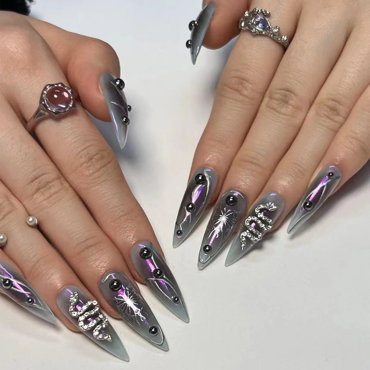 YICKYUE -  24PCS Long Almond French nails silver 3D Luxury designs Y2k nails press on False Nails Removable Fake artificial Nails Finished