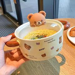 YICKYUE  -  Kawaii Bear Jumbo Ramen Bowl With Lid Kitchen Tableware Cute Japanese Ceramics Instant Noodles Fruit Salad Soup Bowl Gift 750ml