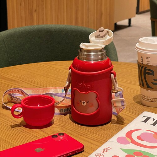 Korean Style Cute Bear Vacuum Flask High-value 316 Stainless Steel Children with Straw Cup Cute Girl Student Baby Water Cup