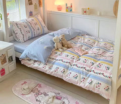 YICKYUE  -  Cute colorful blue pink flower rabbit bow bedding set,twin full queen king cotton home textile bed sheet pillow case quilt cover