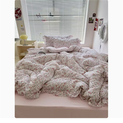 YICKYUE  -  Cute Princess Fashion Lattice Bedding Set Bed Sheet AB Double Sided Ruffle Flower Quilt Cover Pillowcase Bedclothes Home Textile
