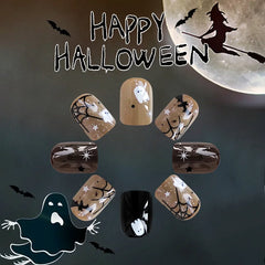 YICKYUE  -  24Pcs/Set Halloween Press-On Square Nails Set Short Glossy Finish With Spider Ghost Star Design False Nails For Women and Girls