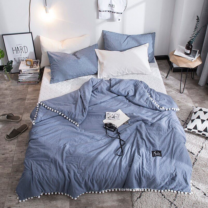 Summer Gray Air Condition Quilts duvet with little white Pompons bed linens Washed cotton throw blankets Solid bedding #s