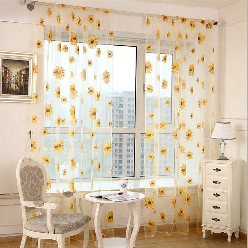 Modern Sunflower Pattern Tulle Window Curtains Voile Drapes for Living Room Bedroom Transparent Window Screening Home Decor