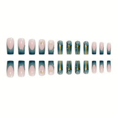 YICKYUE  -  24pcs 3D Water Drops Gradient French False Nails Long Ballet Finished Fake Nails Y2k Press On Nails With Golden Stripe Design