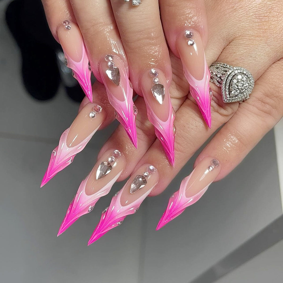 YICKYUE  -  24pcs Super Long Tip Cherry Pink French Fake Nails With Hollow Star Love Design Press On Nails Stiletto 3D Bow Pearl False Nails