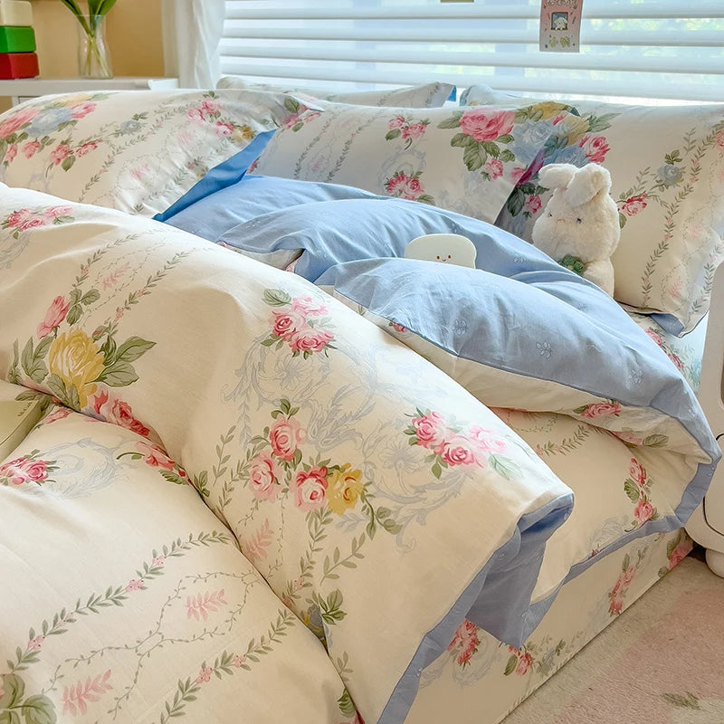 YICKYUE  -  Elegant Floral Cotton Duvet Cover Set Watercolor Flowers Striped Pattern Comforter Covers 3 Pieces Soft Breathable Bedding Sets