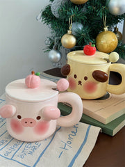 YICKYUE  -  Cartoon Cute Piggy Mug Stereo Puppy Ears Milk Cup with Fresh Ins Style Office Lid Spoon Ceramic Coffee Cup