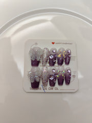 YICKYUE  -  10Pcs Purple Handmade Press On Nails Flower Rhinestones False Nails Ballerina Wearable Decoration Full Cover Nail Tips Art