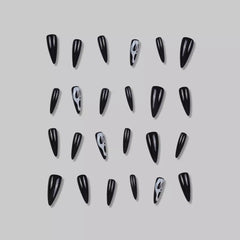 YICKYUE  -  24pcs Halloween Long Stiletto Black Fake Nails Set Press On Almond Nails Full Cover False Nails with White Ghost Design Finished