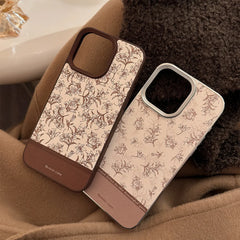 YICKYUE  -  Retro Art Full Screen Brown Flowers Splicing Leather Phone Cover Case for iPhone 16 15 14 13 12 11 Pro Max Plus