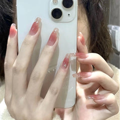 Yickyue Press On Nails With Adhesive Strips Pink Fake Nails Sweet Style Long Paragraph Manicure Save Time False Tip Nails Charms