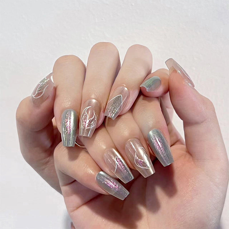 YICKYUE  -  Blue Mermaid Handmade Press on Nails Wearing Armor Radiant Lightning Minimally Elegant Nail Art  Fake Nail