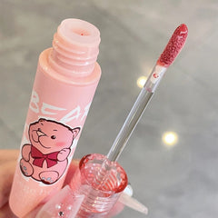 Yickyue Cute Bear Mirror Water Lip Glaze Moisturizing Sexy Red Lip Tint Lipstick Makeup lasting Color Non-stick Cup Lip Gloss Cosmetics