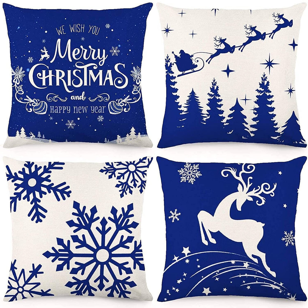 Yickyue 4PCS/Set 2022 New Christmas Cushion Cover 45*45 Blue Linen Elk Snowflake Print Pillow Covers Decorative Home Decor Pillowslip