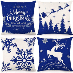 Yickyue 4PCS/Set 2022 New Christmas Cushion Cover 45*45 Blue Linen Elk Snowflake Print Pillow Covers Decorative Home Decor Pillowslip