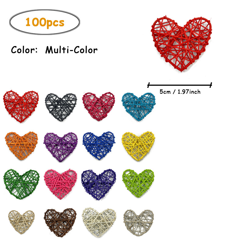 YICKYUE  -  100pcs 5cm Heart Shaped Natural Rattan Hanging Ornaments, Hearts Wicker Ball for Valentine's Day Wedding Party Decor Vase Filler