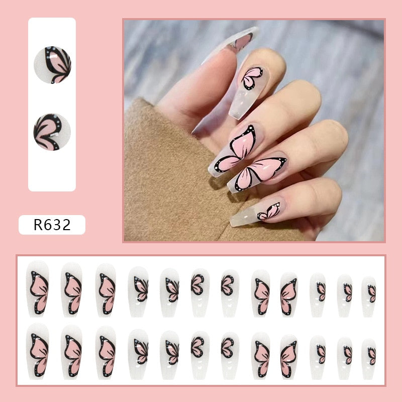 Yickyue 24Pcs False Nails Fake Nails Press on Nails The Butterfly Flowers Love Cool The Butterfly Wine Red Shading Grid Texture Square