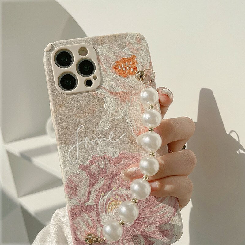 Mint Green Flower Pearl bracelet leather phone case for iphone 12 11 pro max mini 7 8 plus x xr xs max silicone cover capa