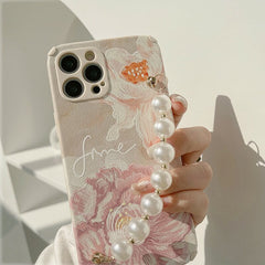 Mint Green Flower Pearl bracelet leather phone case for iphone 12 11 pro max mini 7 8 plus x xr xs max silicone cover capa