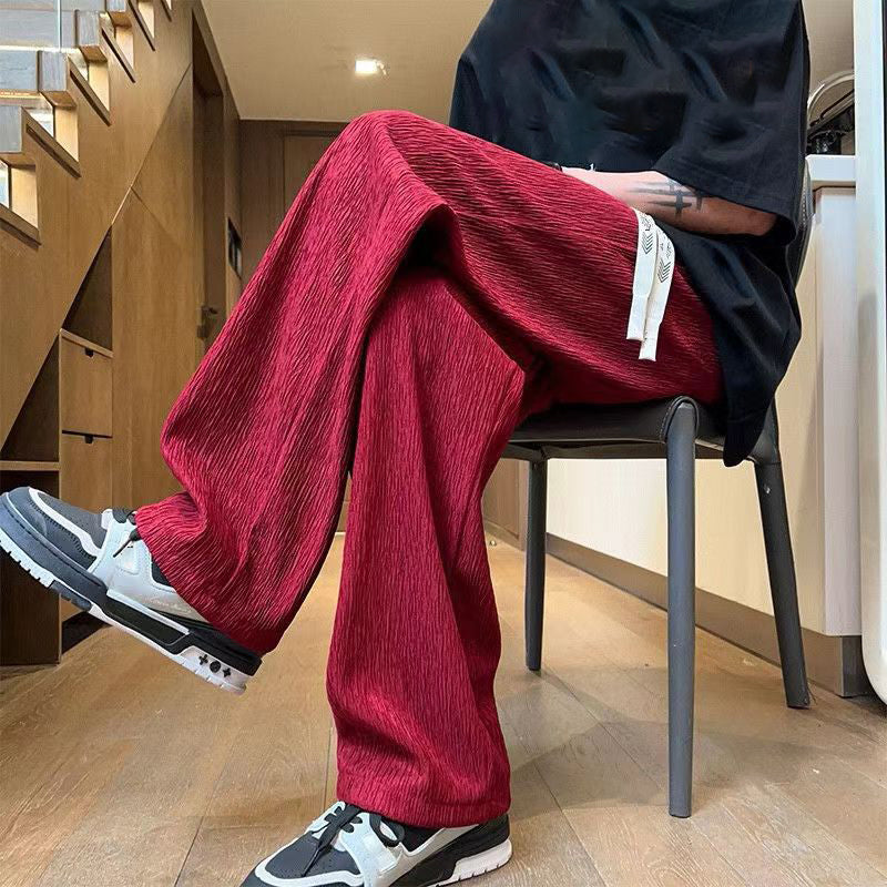 Hearujoy Texture Ice Silk Quick Drying Casual Pants Men Drawstring Loose Straight Leg Trousers Summer Fashion Sport Pant Streetwear