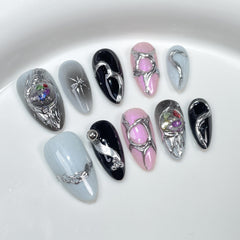 YICKYUE  -  Dark Blue Cat Eye Fake Nails Medium Almond False Nails Press on With Hand Drawn Metal Lines Wearable Full Cover Almond Nail Tips