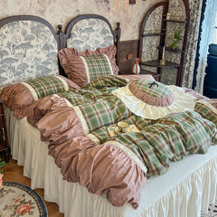YICKYUE  -  French Retro Style Cotton Princess Style Four-piece New Style Pure Cotton British Plaid Bed Skirt Bedding