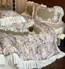 YICKYUE  -  Vintage french flower bedding set,full queen king retro fairyfair ruffled green home textile bed sheet pillow case quilt cover